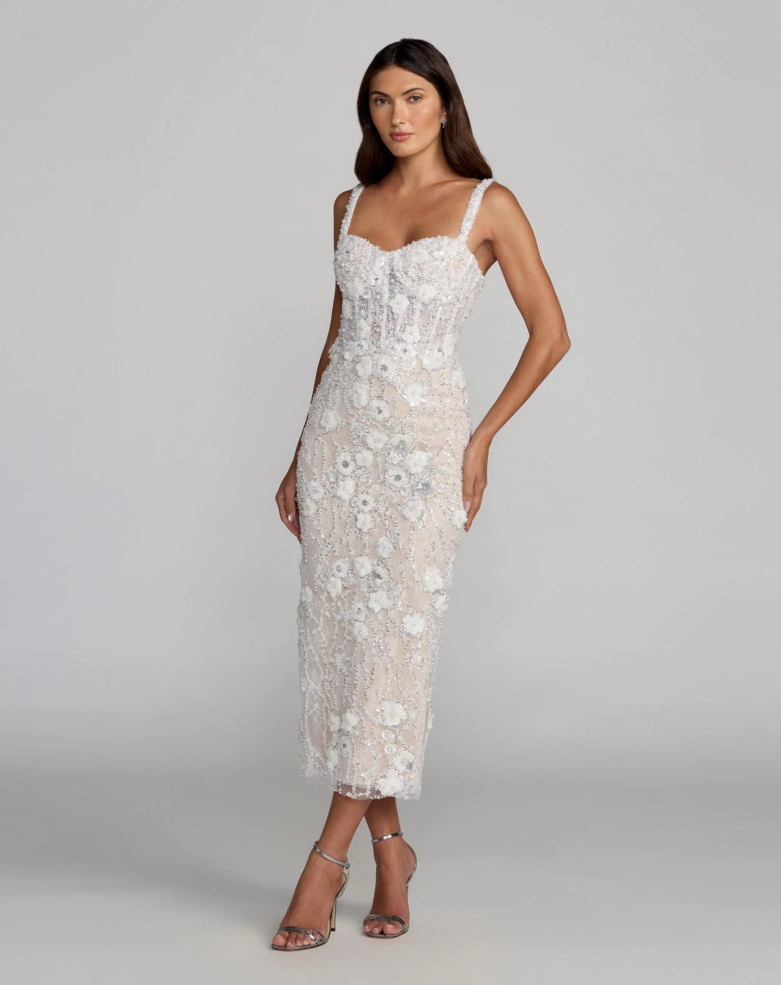 Image of Ivory Embellished Lace Sleeveless Midi Dress