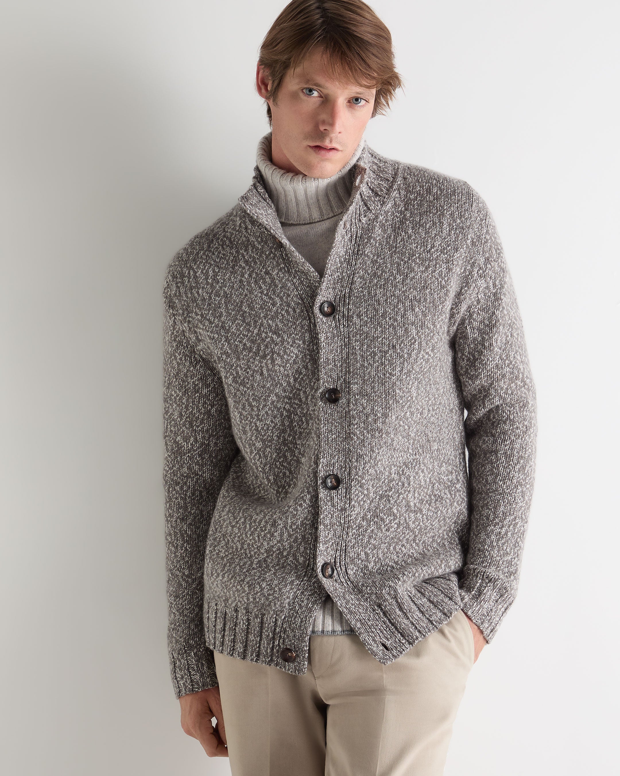 Image of Men's Button Through Marl Cashmere Cardigan Soft Truffle Brown Marl