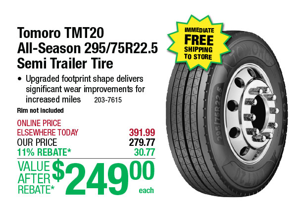 Tomoro TMT20 All-Season 295/75R22.5 Semi Trailer Tire - ONLY $249 After Rebate*!