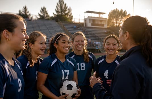 Girls soccer team huddle on the field