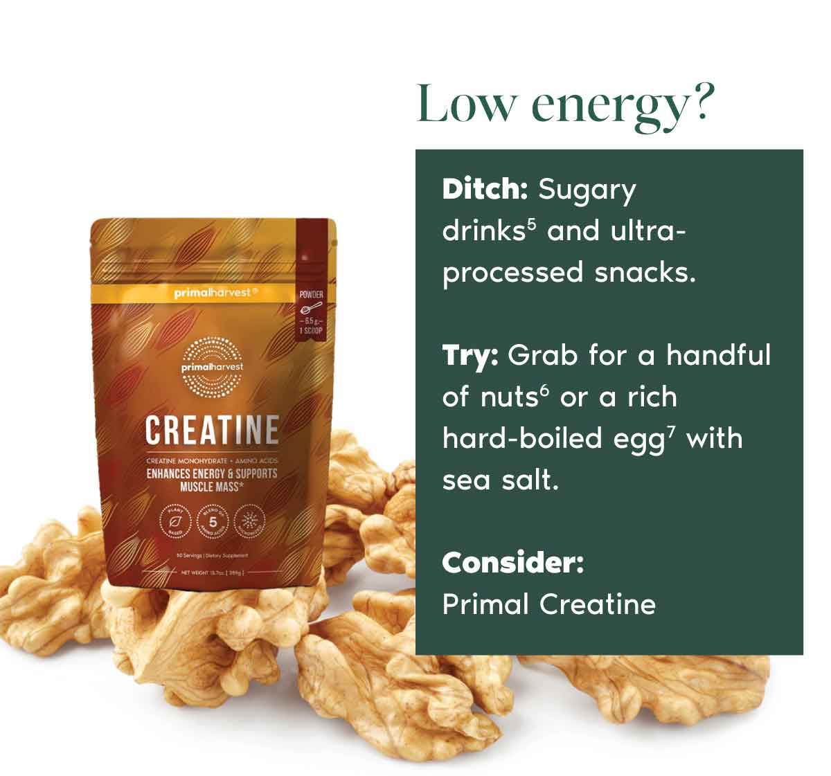 Low energy? Ditch: Sugary drinks5 and ultra- processed snacks.  Try: Grab for a handful of nuts6 or a rich hard-boiled egg7 with sea salt.  Consider:  Primal Creatine