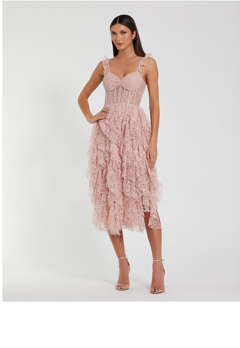 Pink Lace Ruffle Tiered Midi Dress