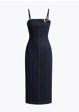 Stretch Denim Buckle Detail Midi Dress