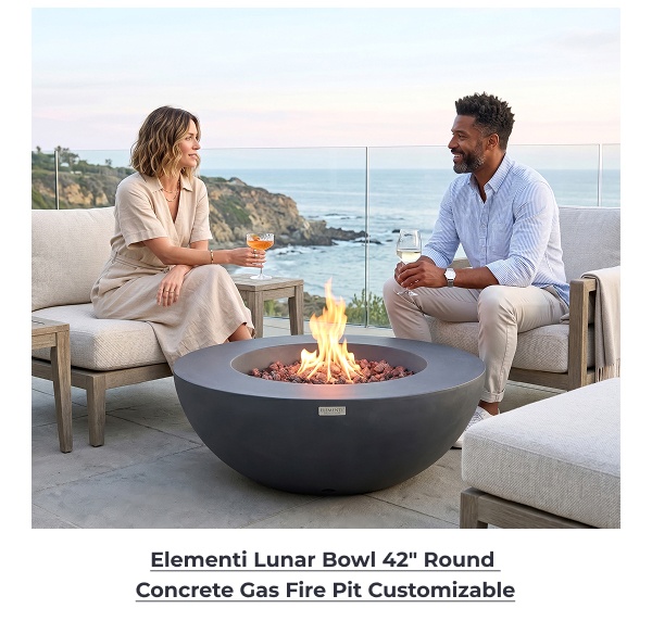 Couple sitting beside lit fire pit. Image Text: Elementi Lunar Bowl 42in Round Concrete Gas Fire Pit Customizable