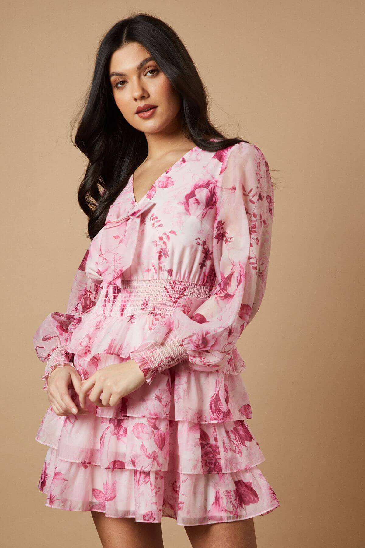 Printed Organza Shirred Waist Tiered Bow Mini dress