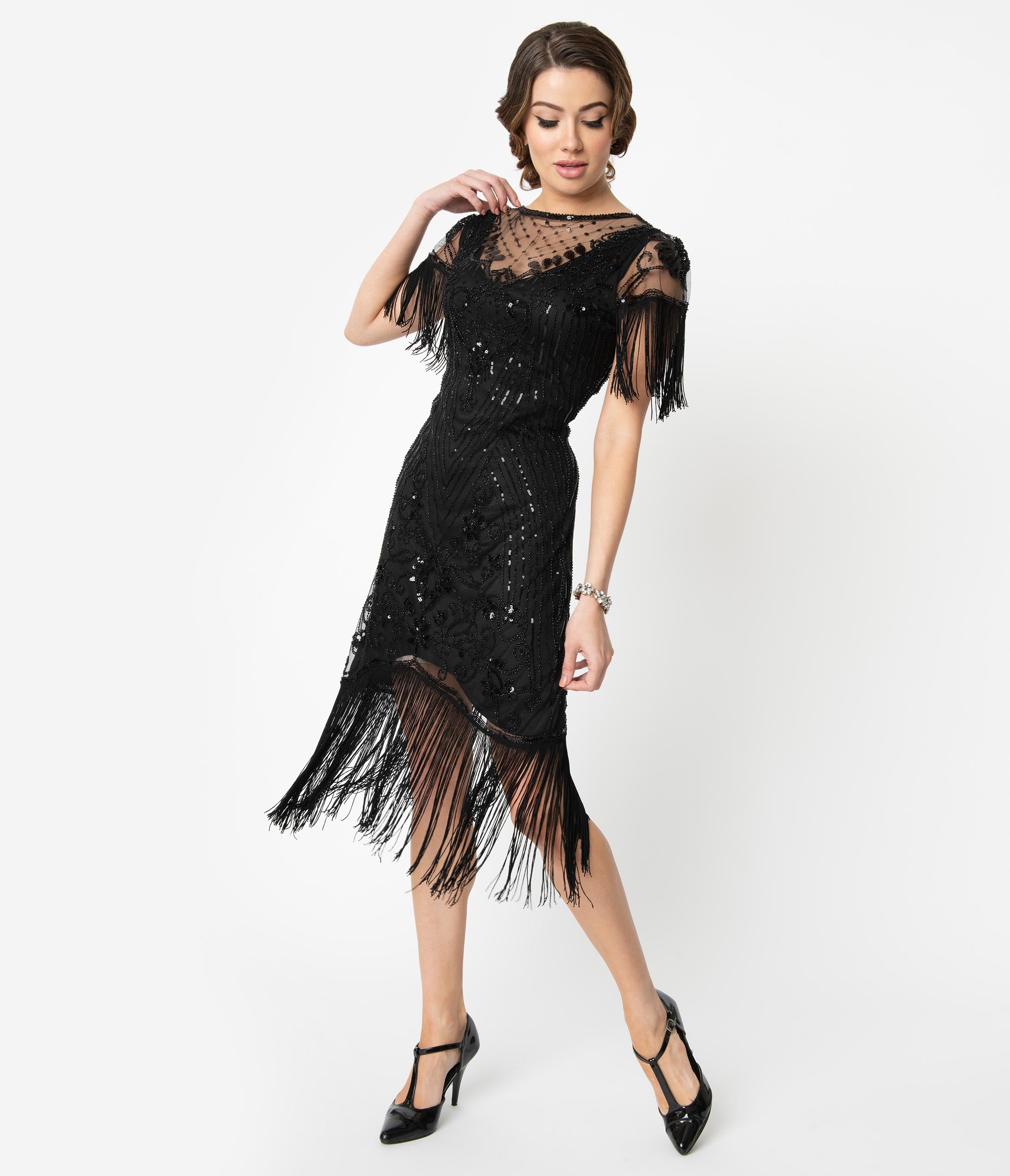 Image of Unique Vintage 1920s Black Beaded Fringe Sleeve Nadine Flapper Dress