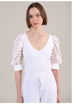 White V-Neck Short Sleeve Top with White Open Lace Puff Sleeves