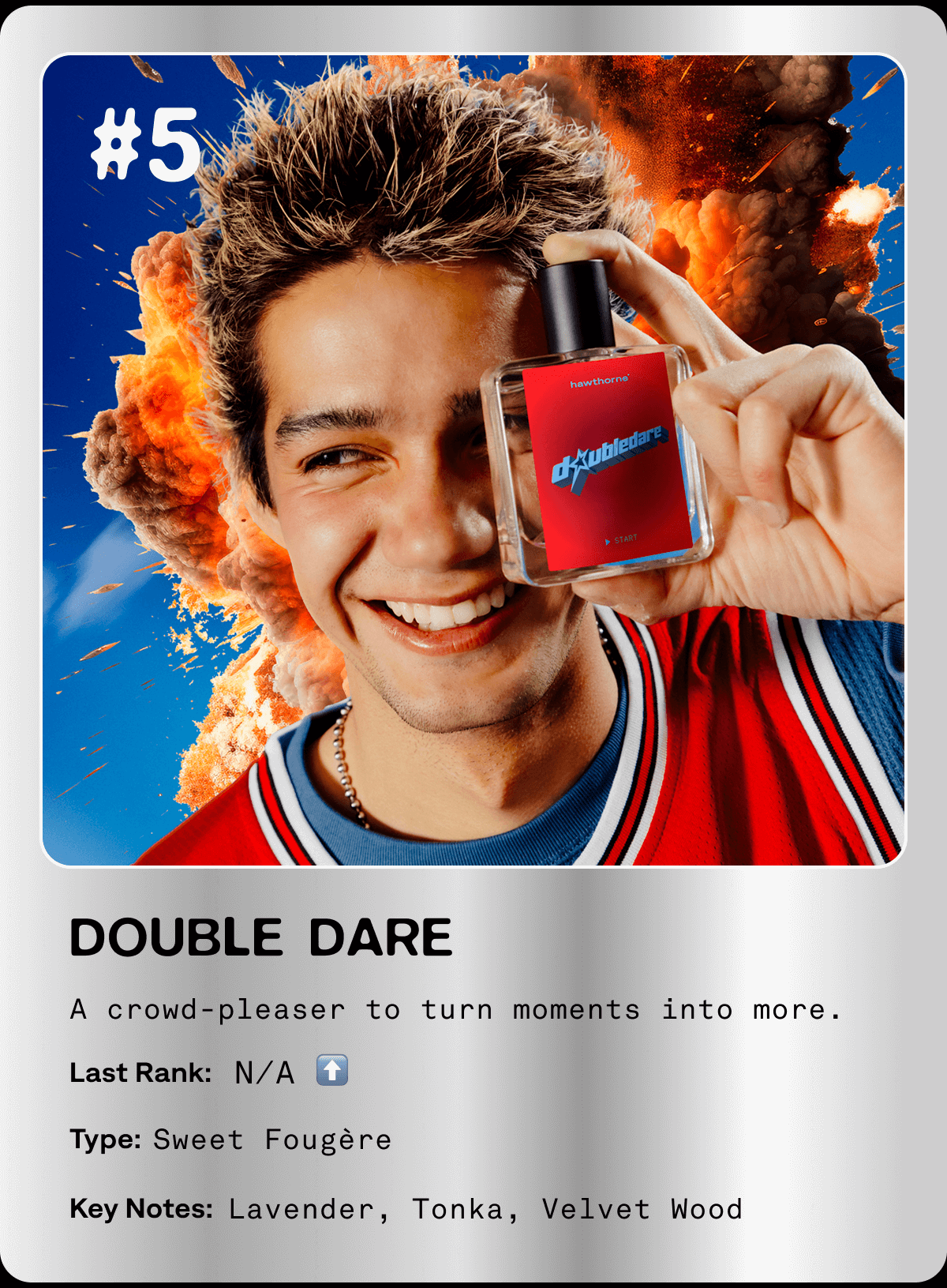 DOUBLE DARE An crowd-pleaser that turns moments into more. Type: Sweet Fougère Key Notes: Lavender, Tonka, Velvet Wood