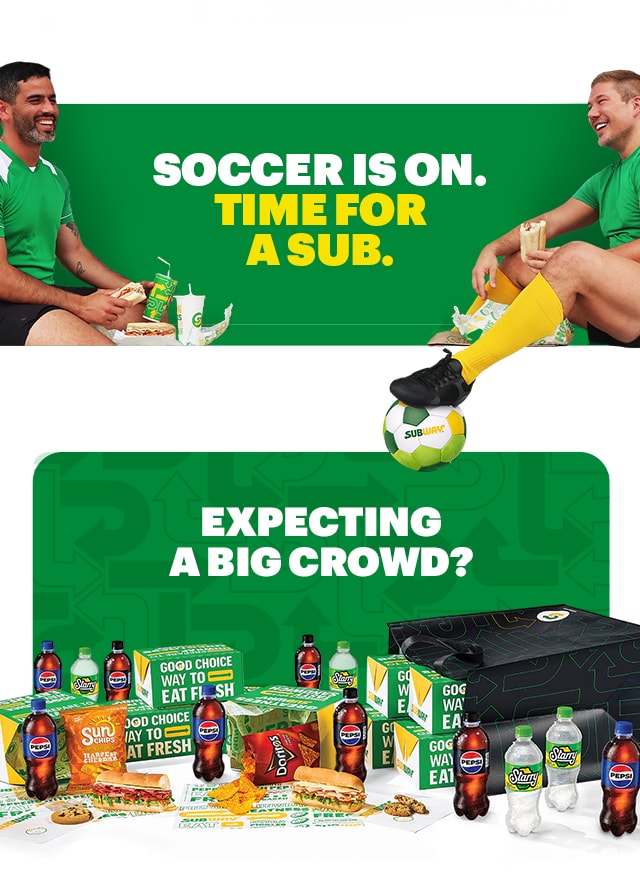 A soccer-themed promotional email for Sub Club exclusive offers. Large headline text reading, “Starting tomorrow. Your shot to score every Summer of Soccer Deal”. Below is copy announcing that every deal is back for only 24 hours tomorrow but there are current deals available to them right now. Mix and match $7.99 two 6-inch subs and two Footlongs for $16.99. The second to bottom section reads “Soccer is on. Time for a sub”. With a sign off promoting Subway Catering with same-day delivery or pick up available to feed your watch party crowd. Two call-to-action buttons read “Order for gametime” and “Feed my crowd”.