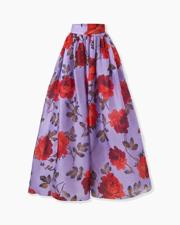 Rose-Print Organza Ball Skirt