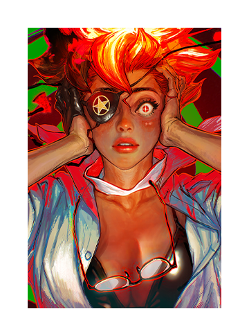 Key art for HOTEL BARCELONA showcasing the protagonist Justine holding her head with both hands.
