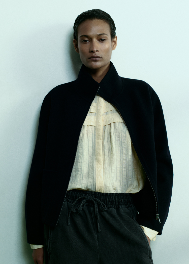 Navy Funnel Neck Double Face Jacket