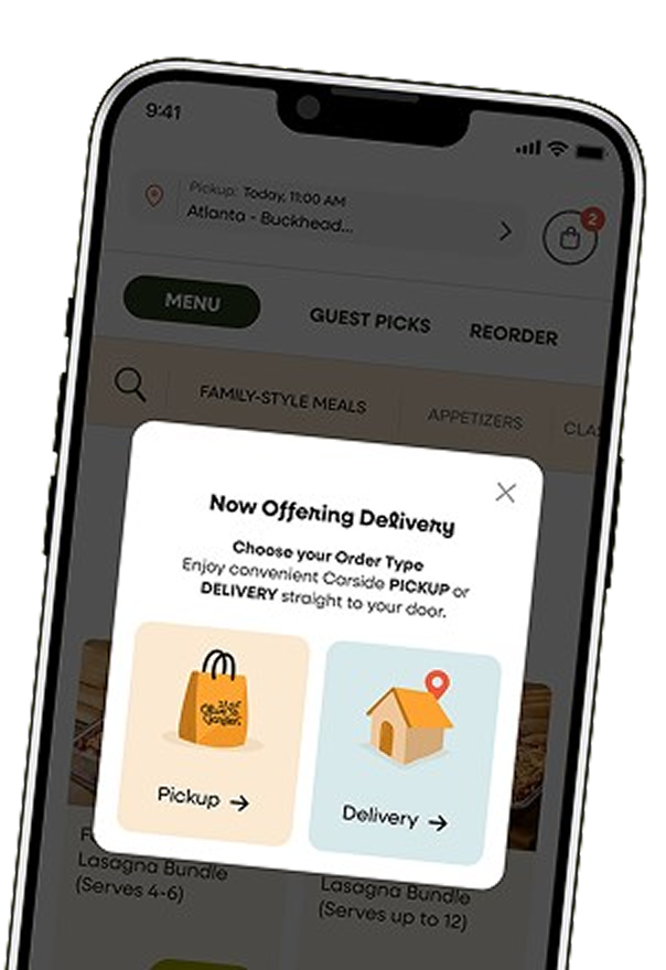 Olive Garden app showing pickup and delivery ordering options.