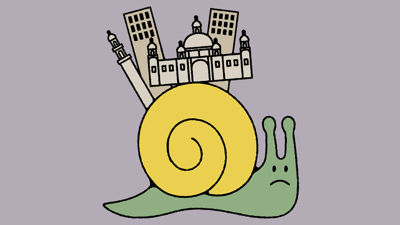Illustration of a sad looking snail with the city of Kolkatta on its back