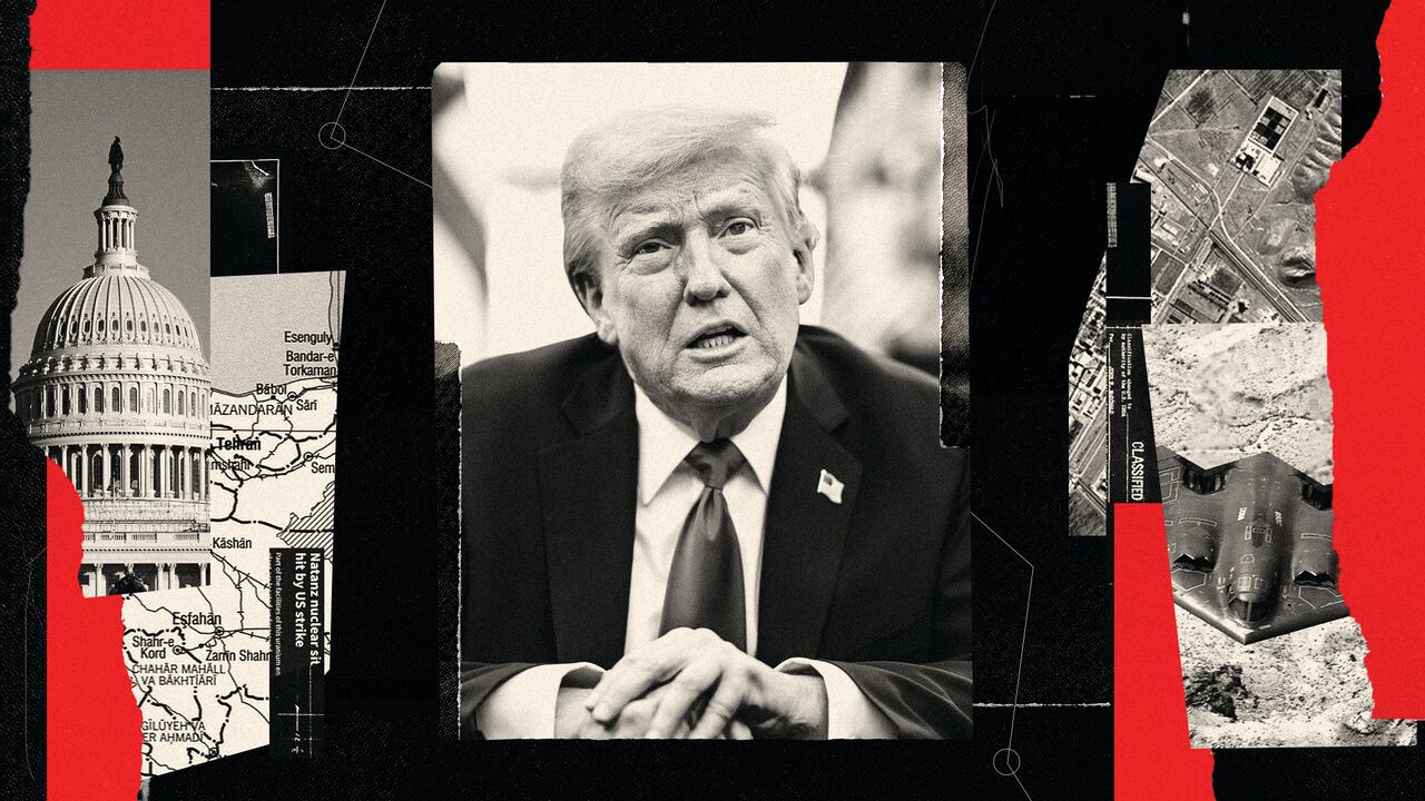 collage featuring former President Donald Trump at the center, surrounded by black-and-white cutouts of the U.S. Capitol, a map of Iran, a classified military document, and an aerial view of a bomber aircraft