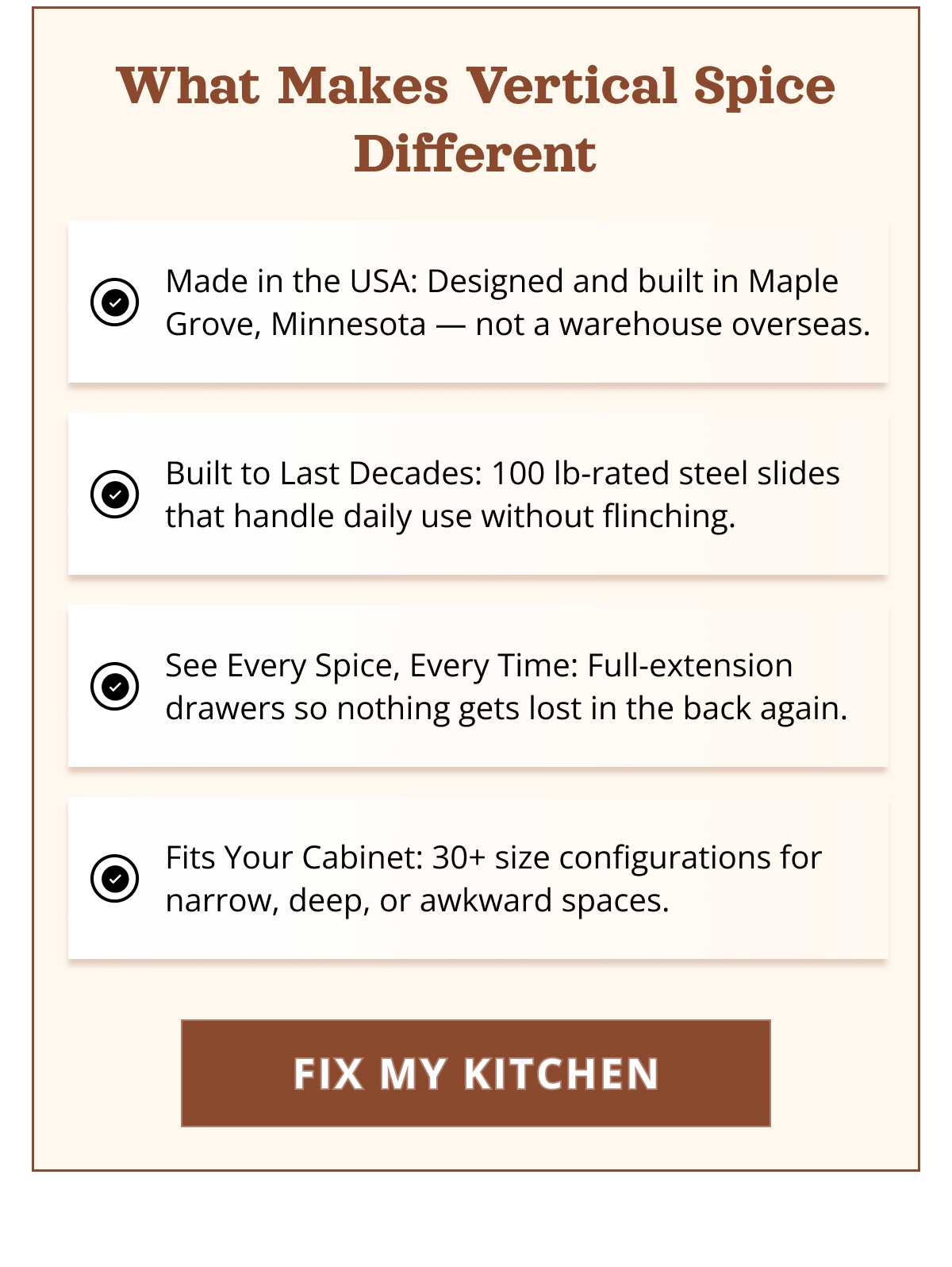 Spice rack drawer system with full-extension slides and multiple tiers designed for durable, long-lasting kitchen organization