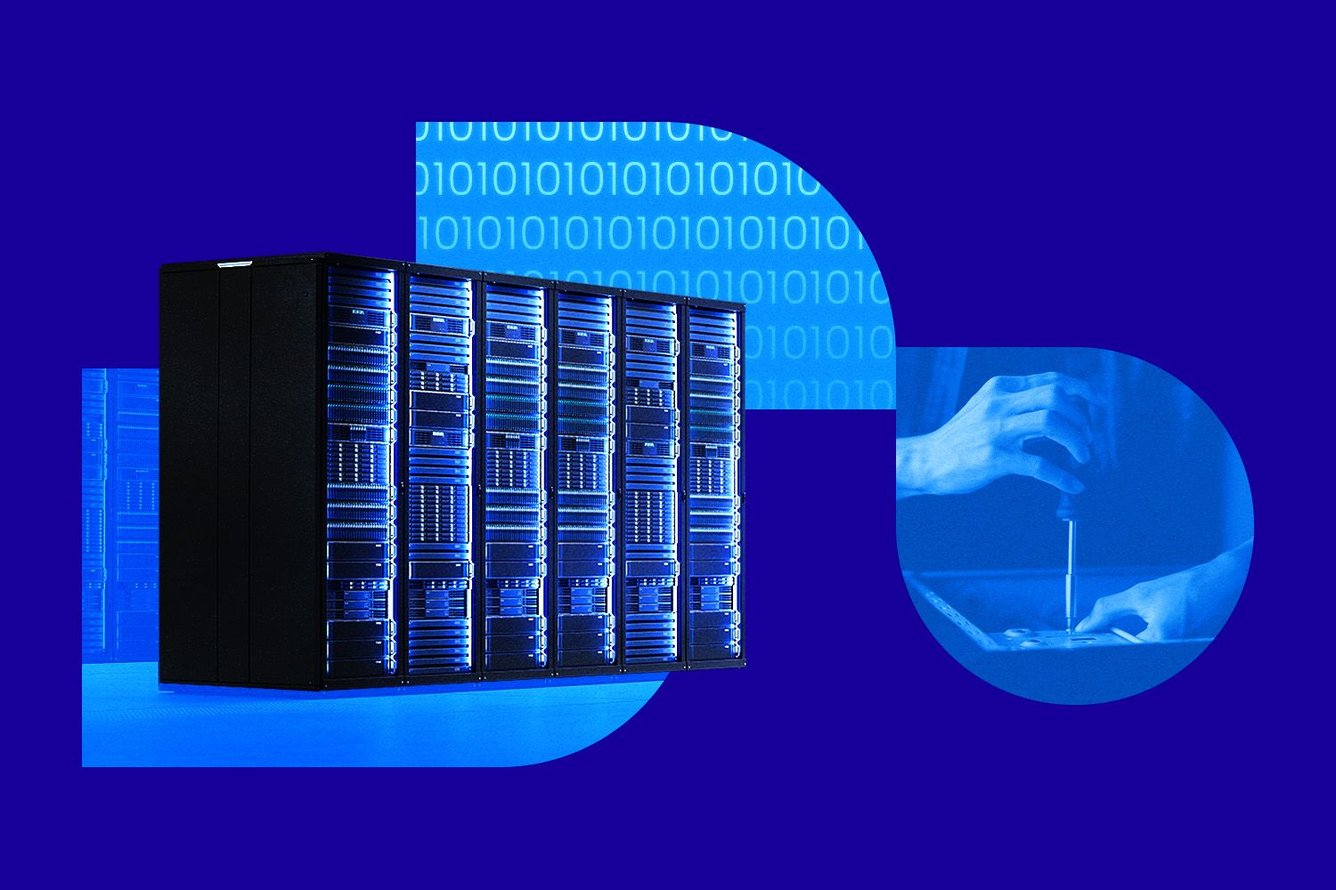 Collaged images of AI training cluster, binary code, and hands installing hardware equipment. (Credit: Illustration: Anna Kim, Photos: Adobe Stock)