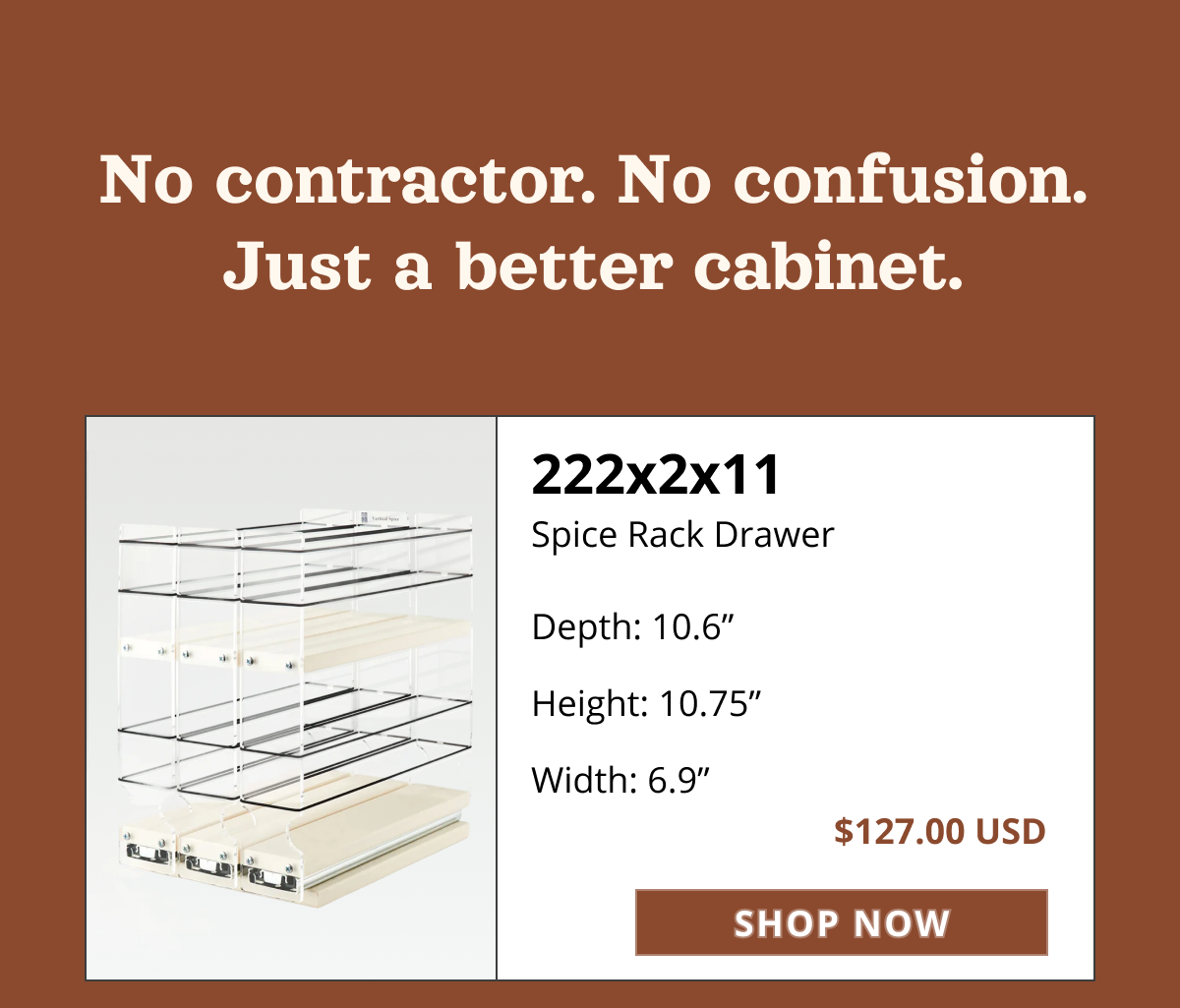 Vertical Spice 222x2x11 pull-out spice rack drawer showing two-tier sliding cabinet organizer with dimensions and price.
