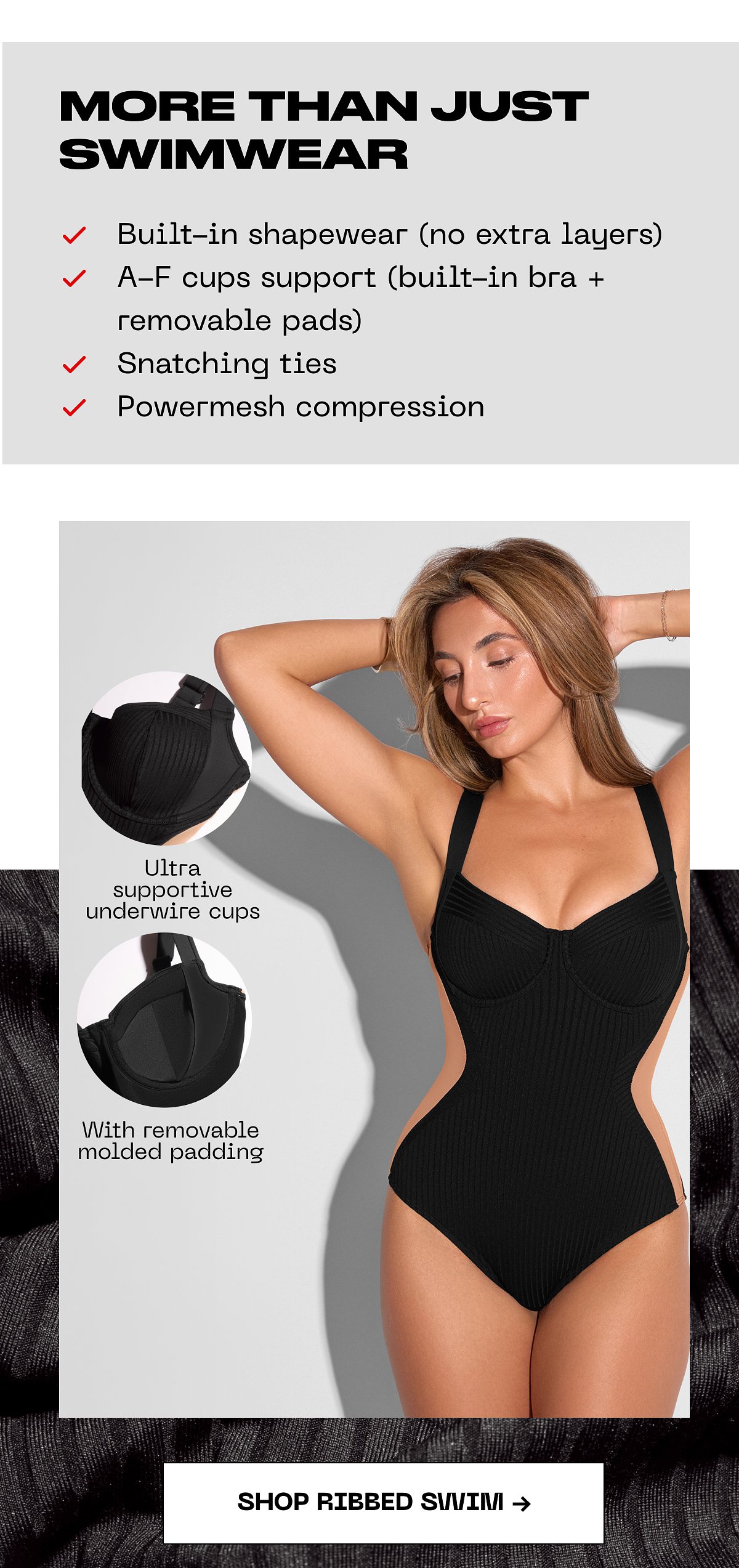 More than just swimwear ✔ Built-in shapewear (no extra layers) ✔ A–F cups support (built-in bra + removable pads) ✔ Snatching ties ✔ Powermesh…