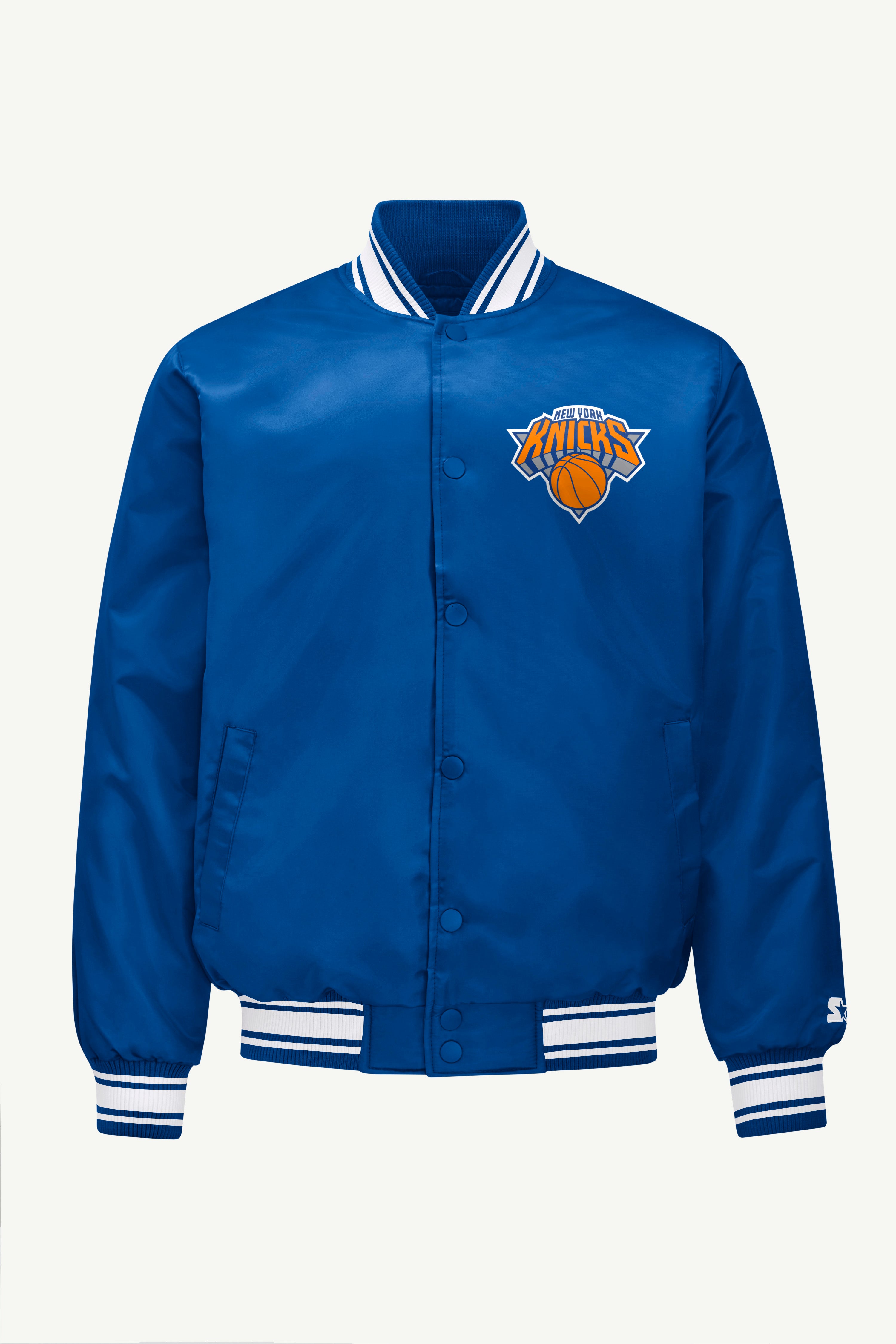 Image of MENS NEW YORK KNICKS PRINTED GRAPHIC SATIN VARSITY JACKET