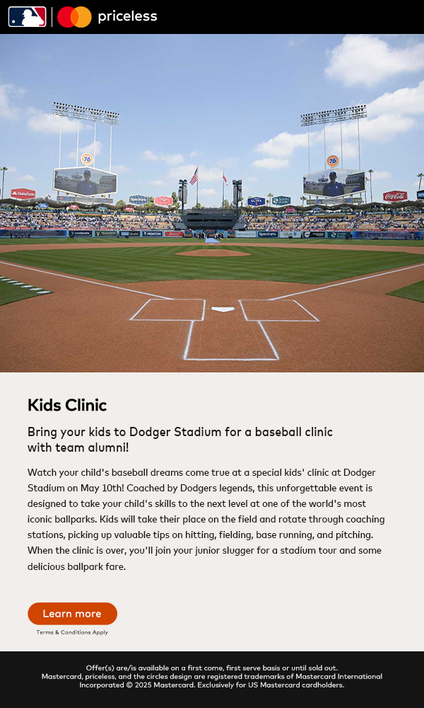 Watch your child's baseball dreams come true at a special kids' clinic at Dodger Stadium on May 10th!