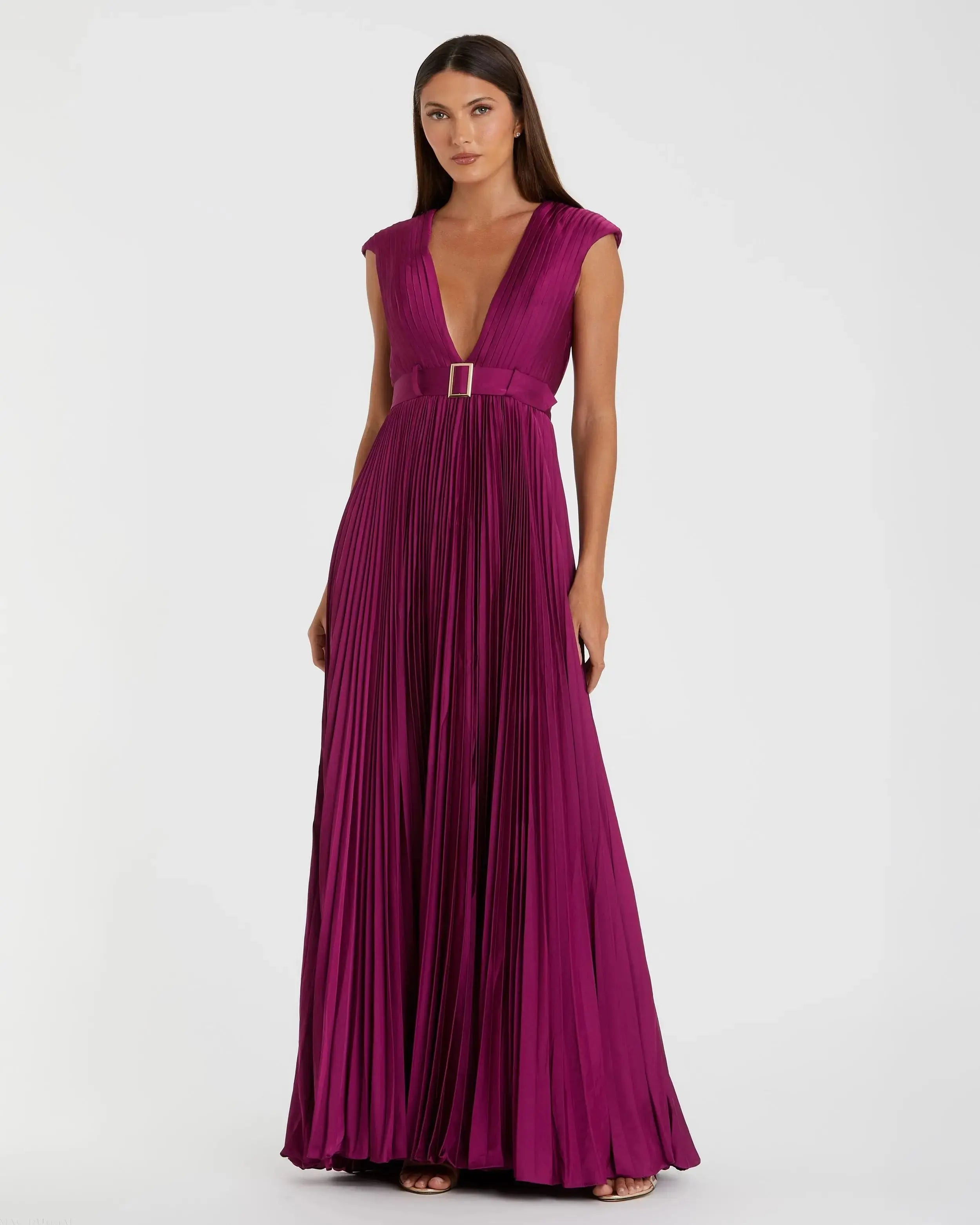 Image of Purple Pleated Plunge Neck Belted A Line Gown