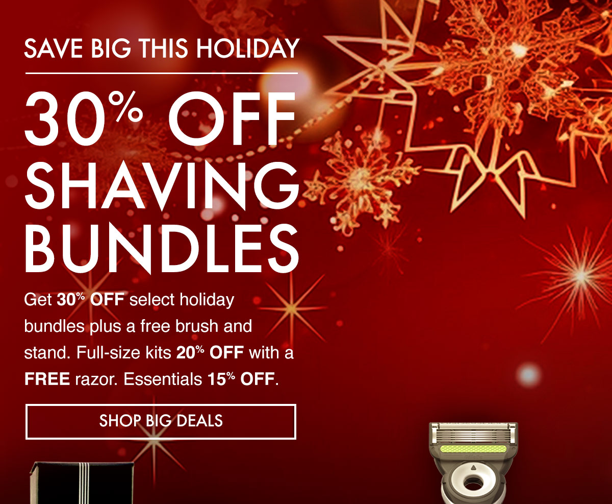 🎄 15% off all individual essentials 🎄 20% off all boxed shaving kits 🎄 20%–60% off shaving bundles 🎄 FREE razor & brush with Core Bundles 🎄 FREE razor with all Full Size Kits