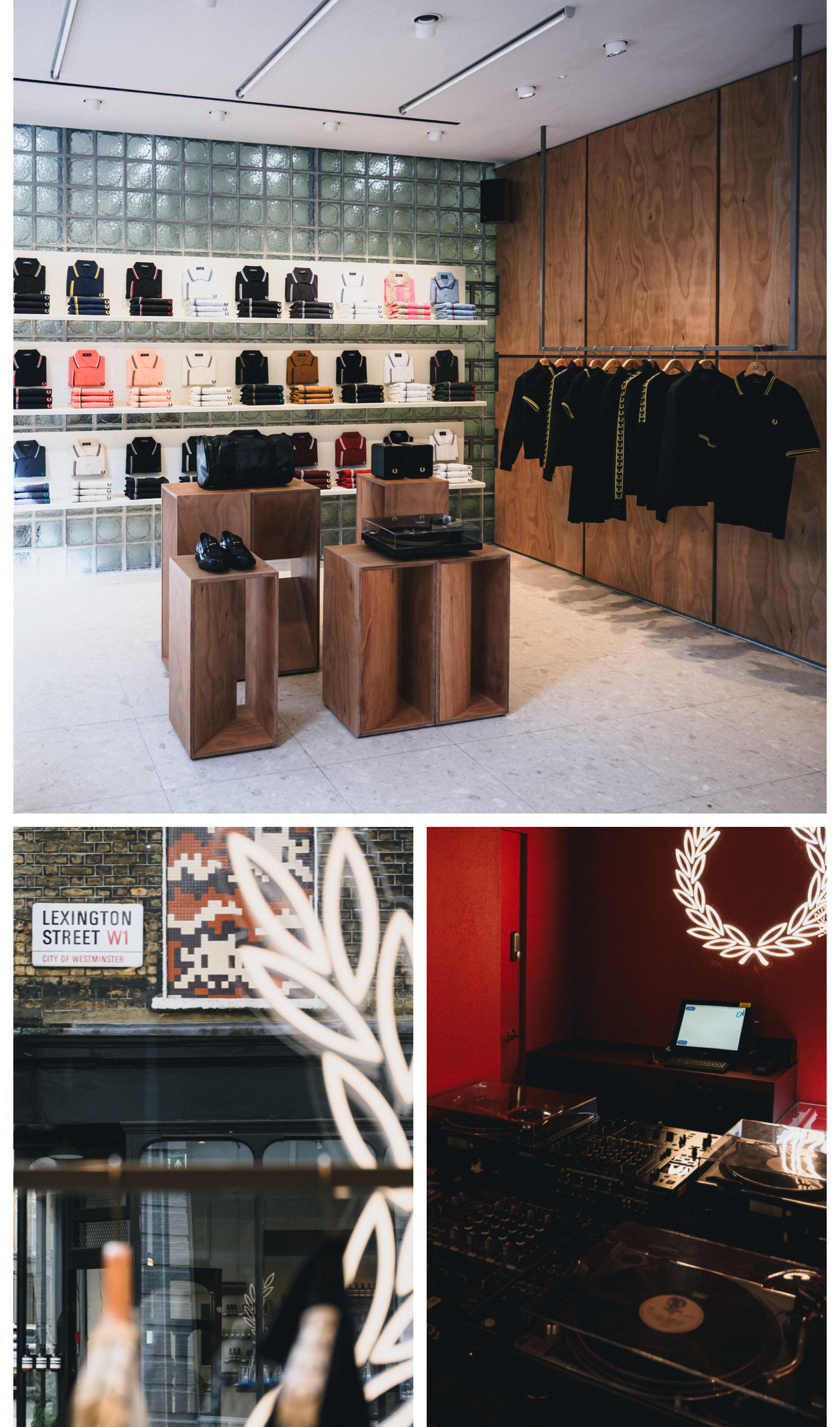 a selection of photographs from within the store in Soho, Lexington Street, showing product rails, a Fred Perry Shirt wall and music decks