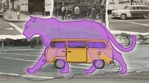 An illustration showing a yellow van and over it is a translucent, purple panther walking. Behind this image are grayscale photos of street corners. 