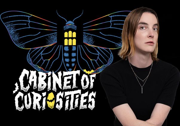 UCLA scholar Wesleigh Gates is pictured beside an illustrated moth in a promotional graphic for UCLA’s Cabinet of Curiosities podcast.