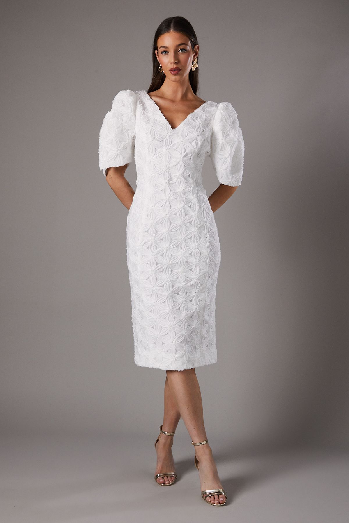 Floral Pleated Sleeve Pencil Dress