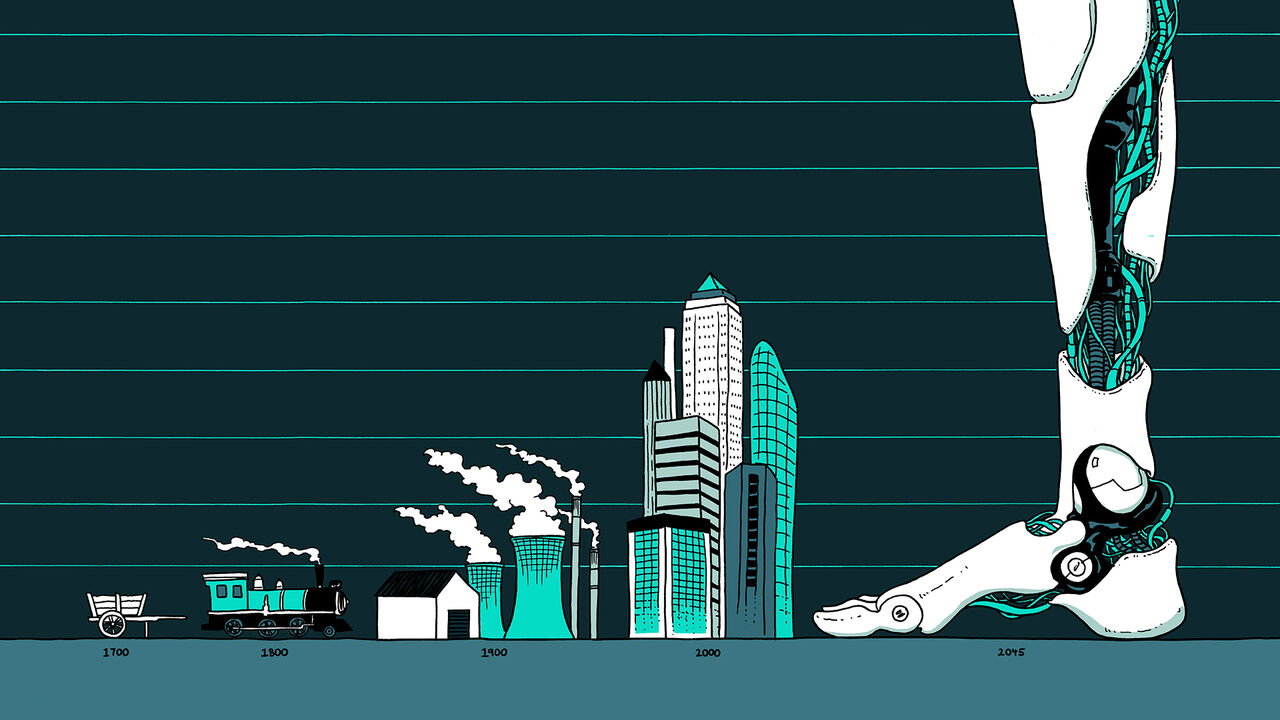 A timeline of technological evolution, from a simple cart to superintelligent robot