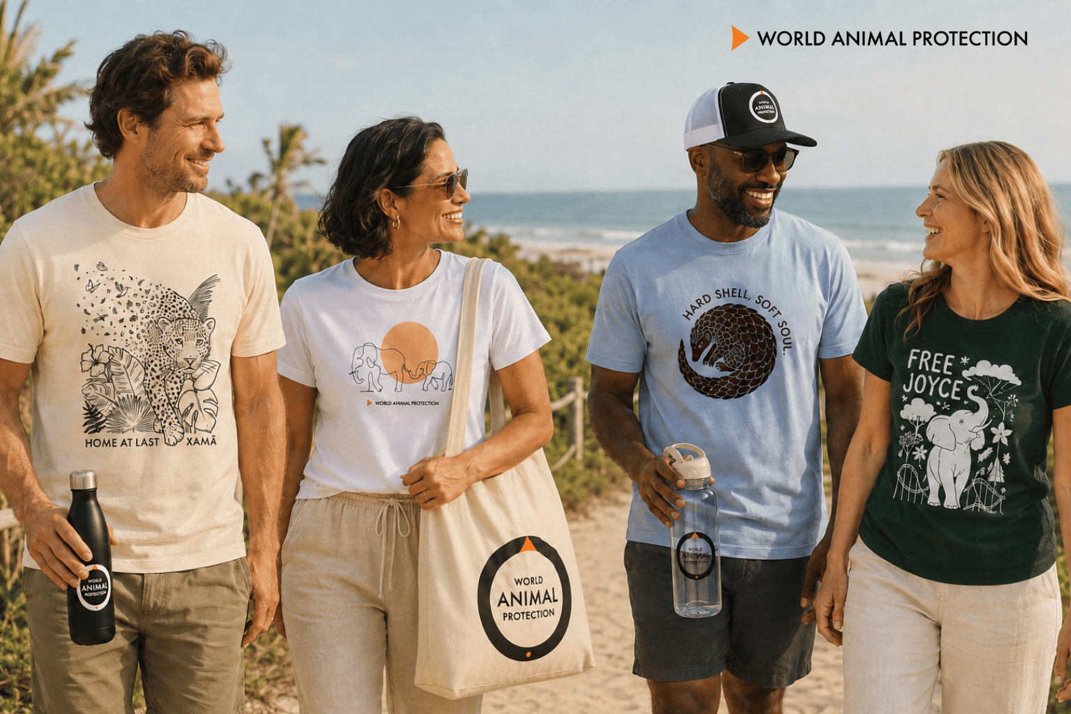 Four individuals out in nature wearing World Animal Protection merch.