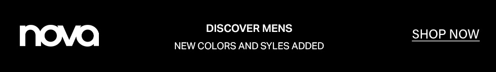 Nova banner promotes 'Discover Mens' with new colors & styles added. 'Shop Now' for the latest men's fashion.