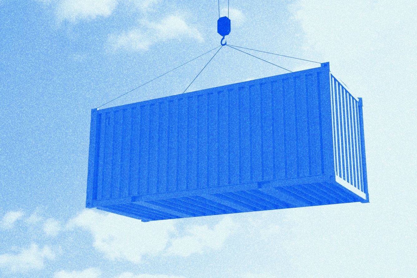 Stylized photo of a shipping container being lowered to the ground in shades of blue.