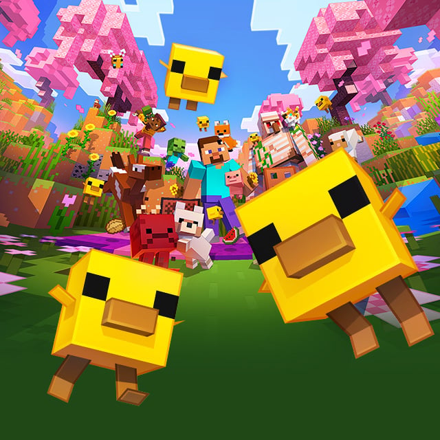 Key art for Minecraft Tiny Takeover drop featuring Steve surrounded by cubic chicks and countless baby mobs.