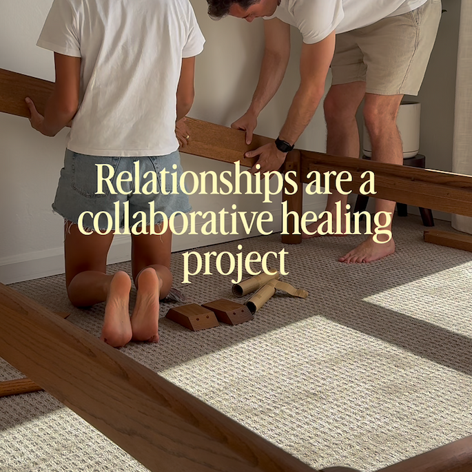 Young couple assembling Keeps wood bed frame bolted joinery in acorn finish
