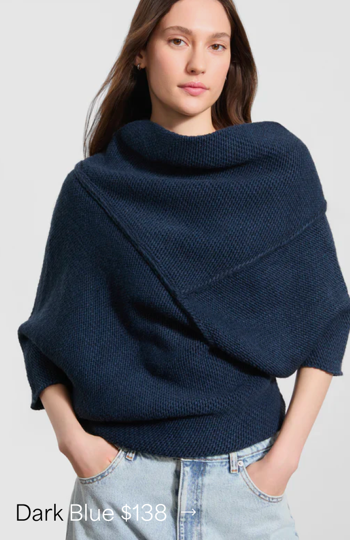 Close-up of Milana wearing The Palmer Knit Top in Dark Blue, priced at $138 →