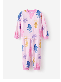 Pink long-sleeve pajama set with blue and purple floral print and pink ribbed cuffs