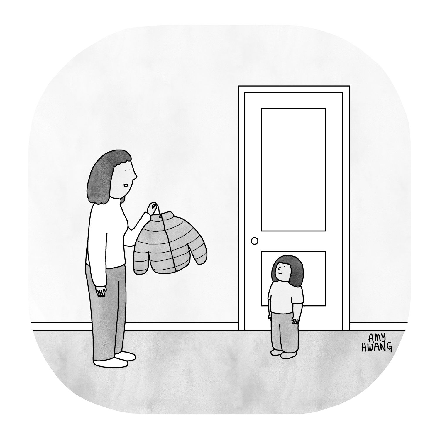 A mom holds a puffy winter coat and addresses her small child.
