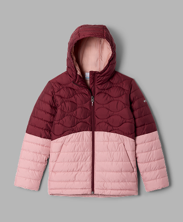 Flatlay of a girl's pink and maroon puffer jacket.