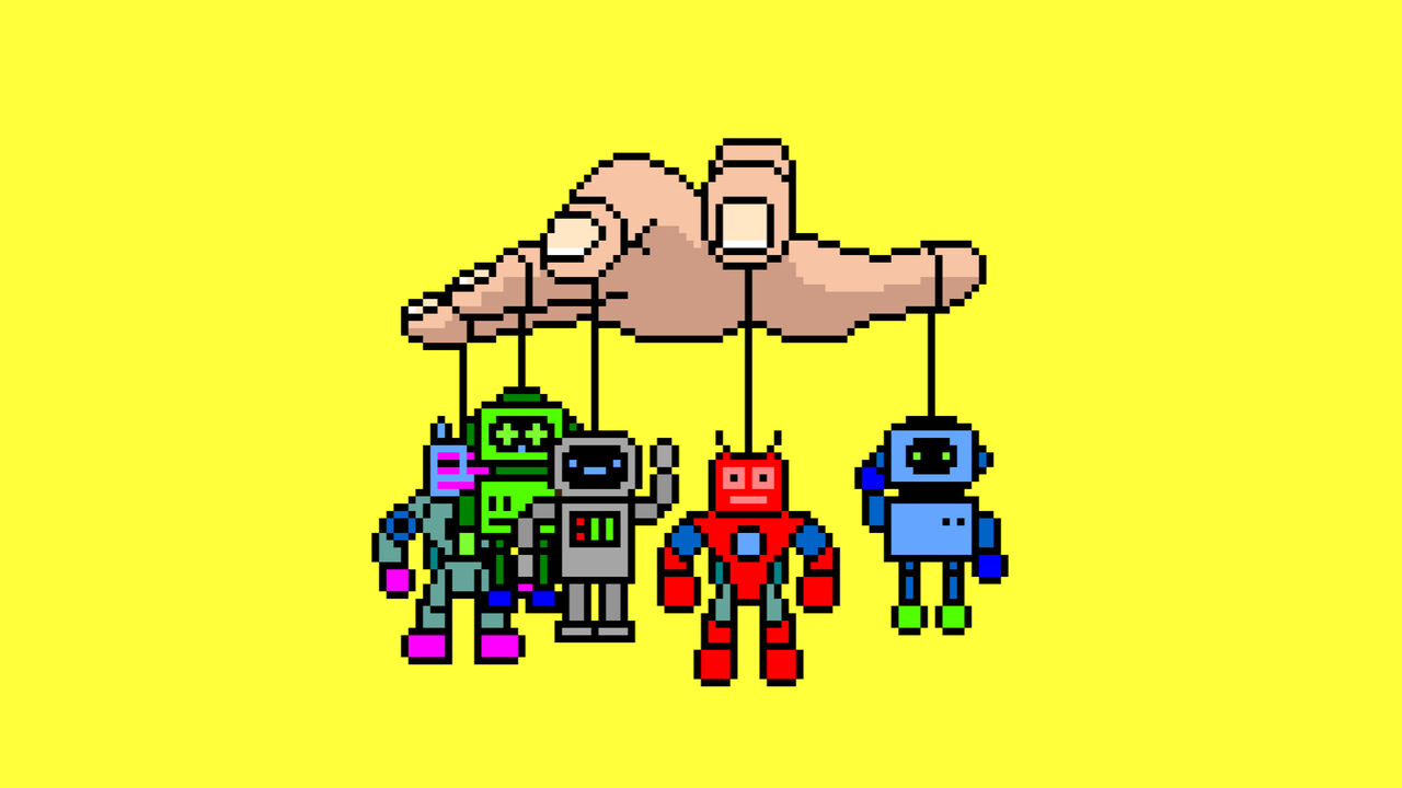 A hand with robots attached to its fingers. 