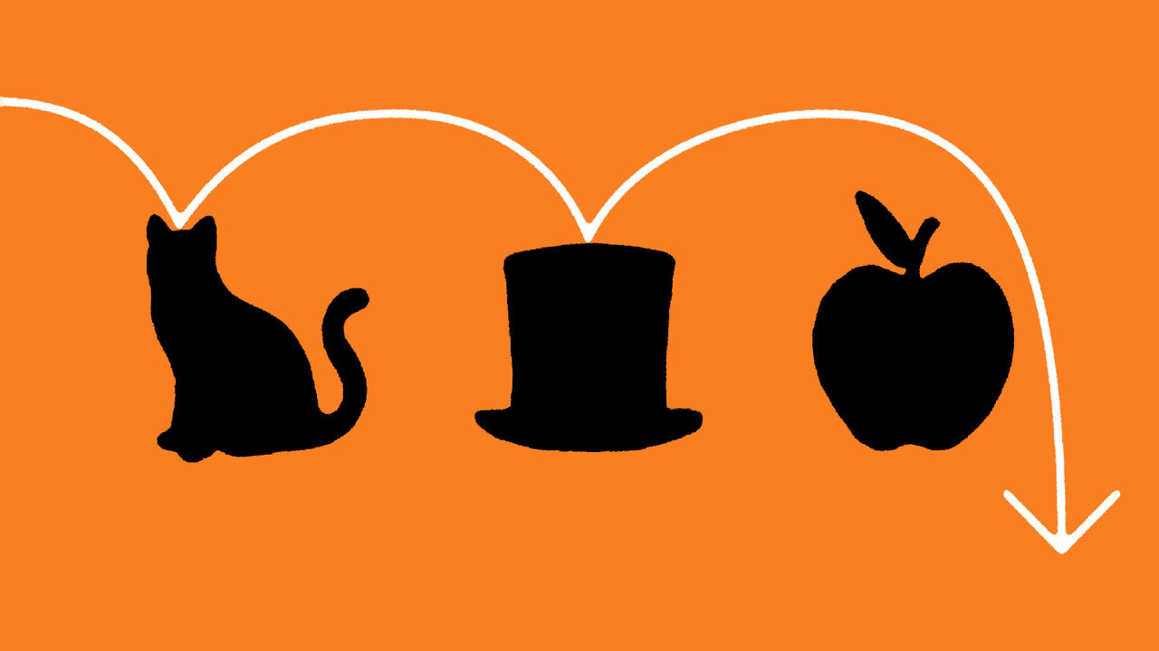 An illustration showing the silhourttes of a cat, a top hat and an apple. An arrow bounces across from the left and touches the top of the cat and the hat but misses the apple.