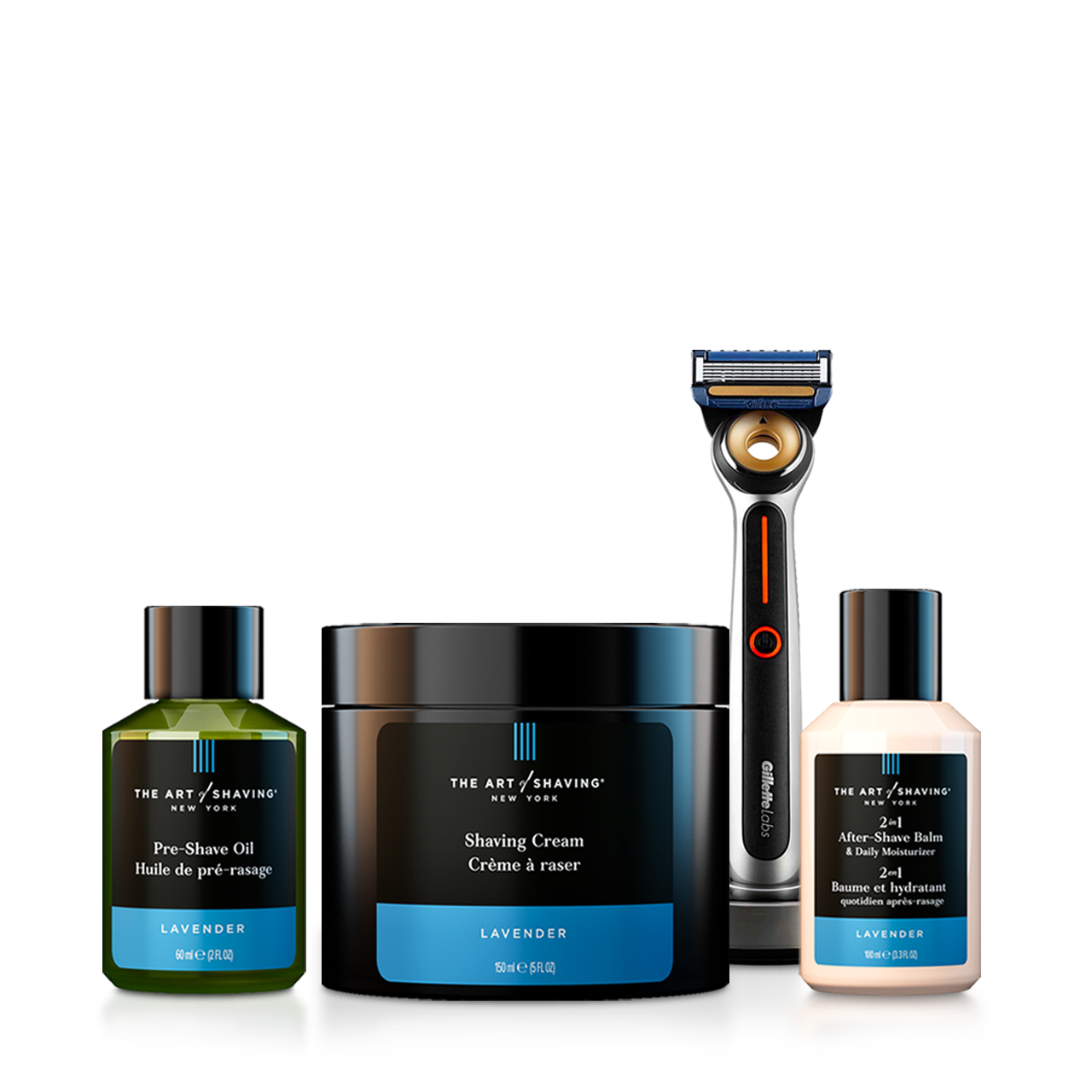 Heated Razor Four Elements Bundle with razor, pre-shave oil, shaving cream, after-shave balm, and premium brush with stand.