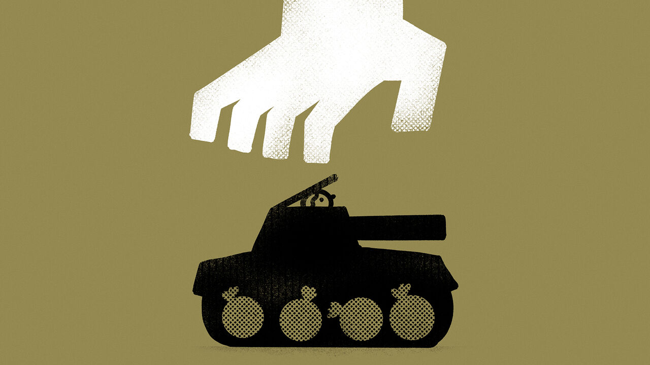 An illustration of a tank with bags of money instead of wheels. A hand tries to grab it from above. 