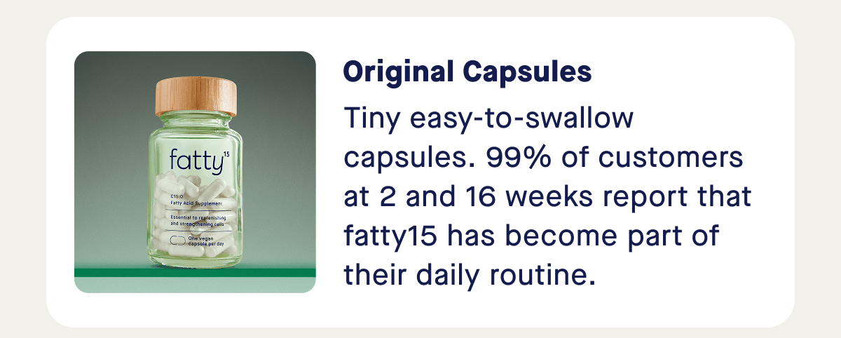 Original Capsules | Tiny easy-to-swallow capsules. 99% of customers at 2 and 16 weeks report that fatty15 has become part of their daily routine.