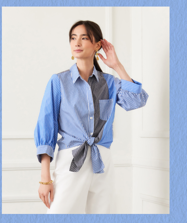 Blouson Sleeve Mixed Stripe Tie-Front Top