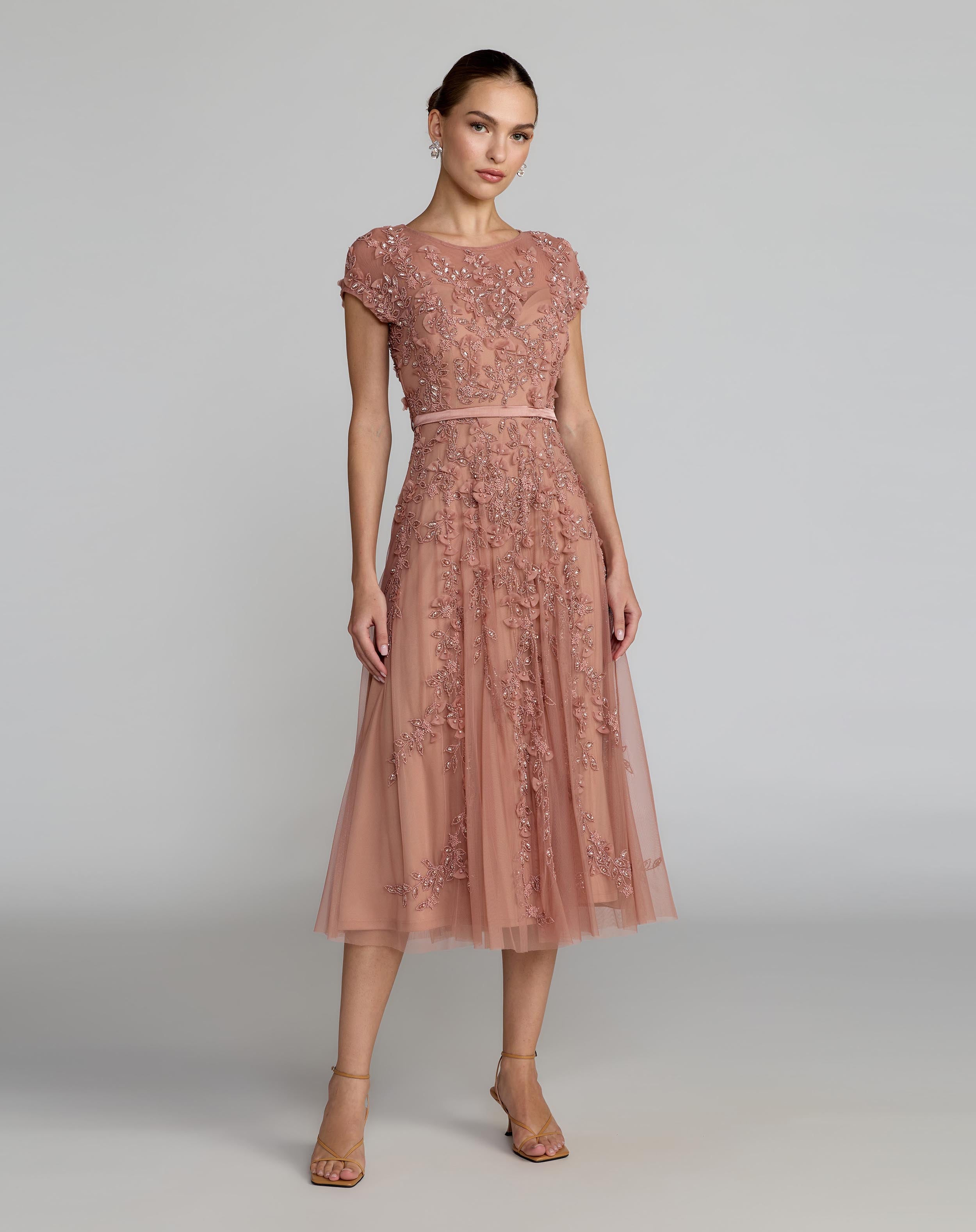 Image of Pink Floral Embellished Cap Sleeve Midi Dress