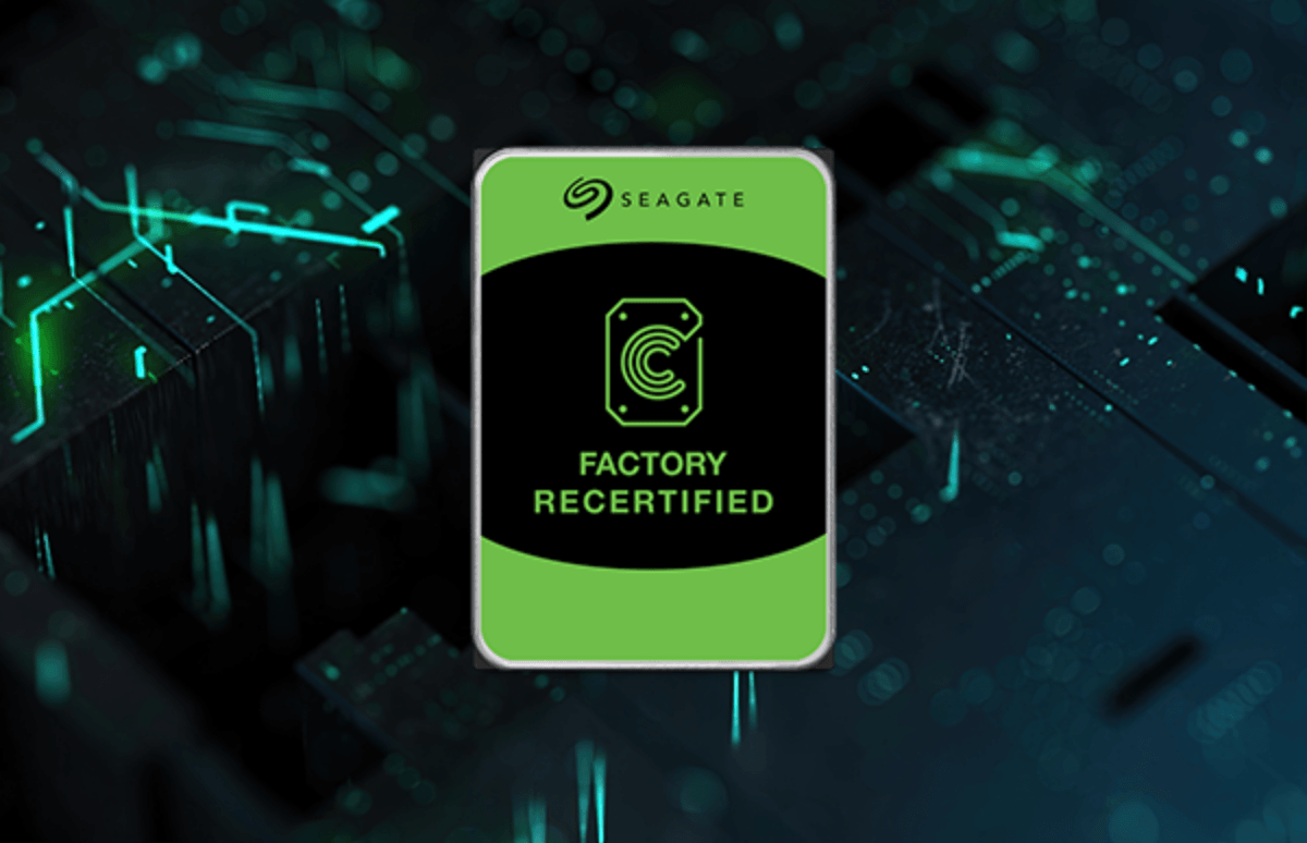 Green and black label on the front of a Seagate hard drive featuring the text 'Factory Certified' prominently displayed