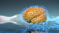 brain surrounded by blue and white lines and dots